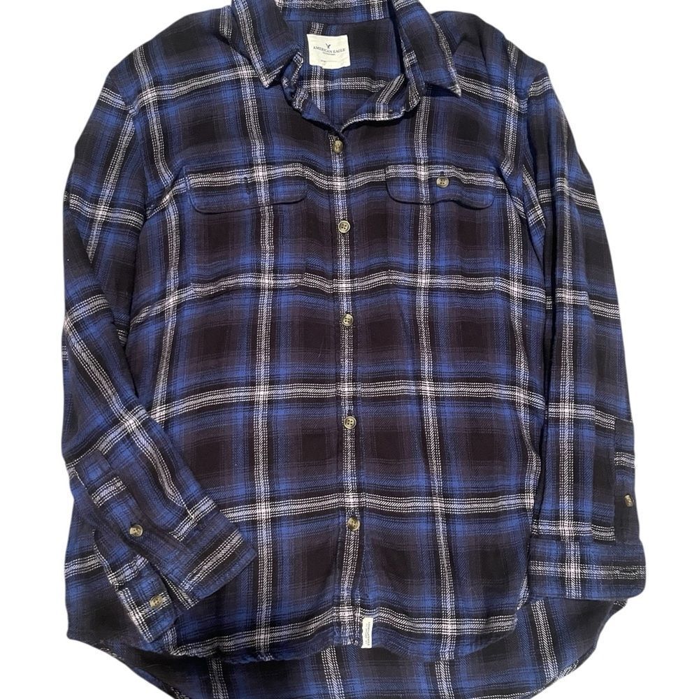 American Eagle Royal Blue Plaid Oversized Flannel Shirt M